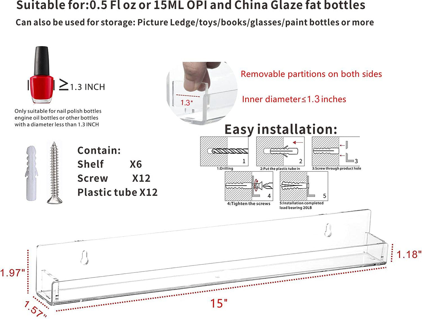 6 Pack Nail Polish Shelves for Wall,Hanging Clear Acrylic Nail Polish Rack Wall Mounted Shelf for Nail Salon Wall Essential Oil Shelf,Gel Fingernail Polish Holder and Tattoo Studio Decor Paint