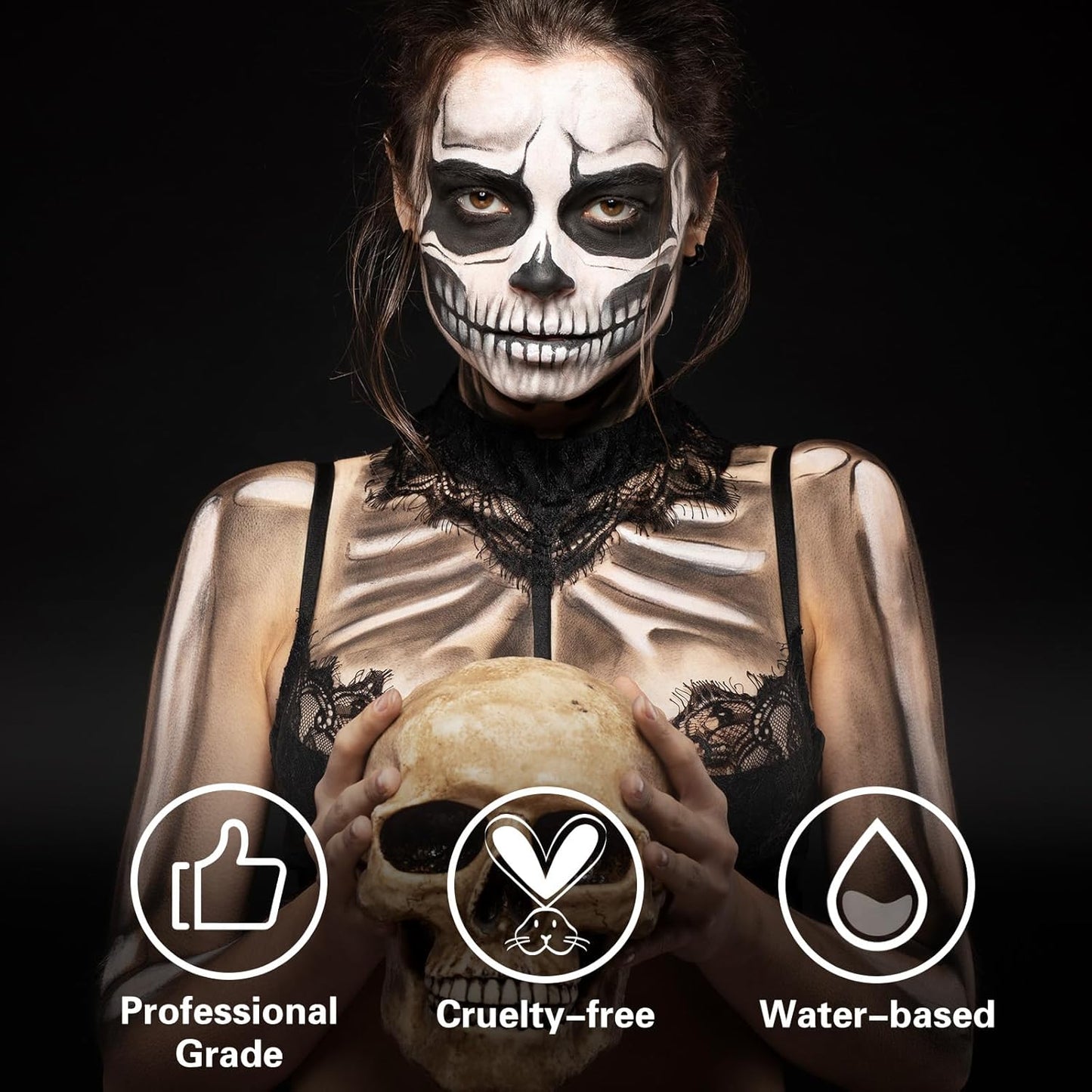 BOBISUKA Black and White Face Body Paint Kit, Water Based Face Painting for Halloween Clown Skeleton Joker Zombie Mime Sugar Skull Makeup for Women Adults, Non-Toxic Washable