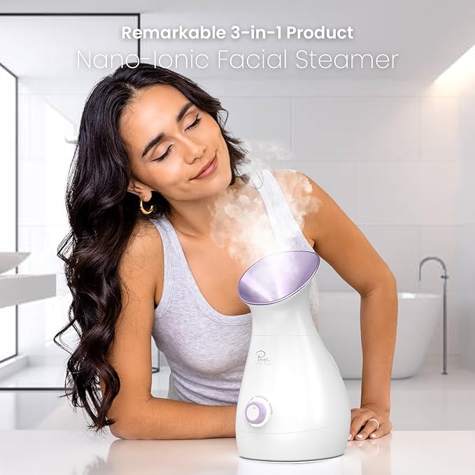 NanoSteamer Large 3-in-1 Nano Ionic Facial Steamer with Precise Temp Control - Humidifier - Unclogs Pores - Blackheads - Spa Quality - Bonus 5 Piece Stainless Steel Skin Kit (Lilac)