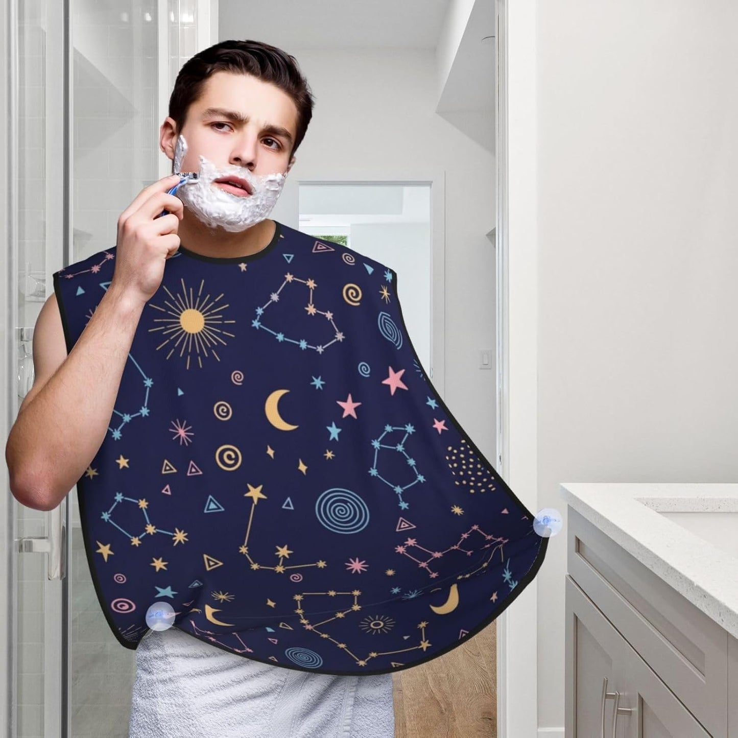 Beard Hair Catcher Bib, Waterproof Non-Stick Grooming Apron for Shaving Trimming, Perfect for Men Dad, Space Galaxy Zodiac Star Constellation Print Shave Bib