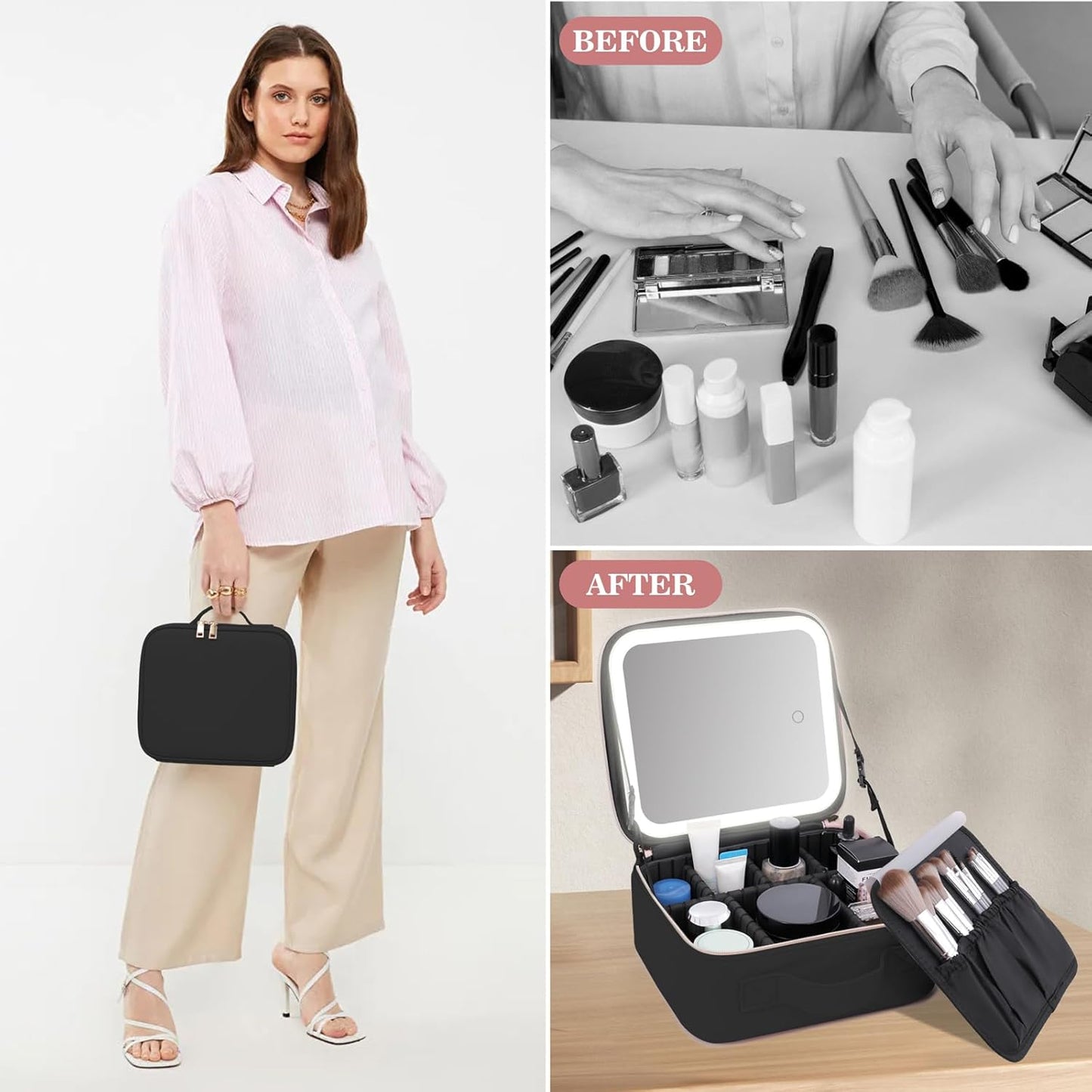 Makeup Case with LED Mirror,Makeup Organizer Bag Travel Makeup Case Large Makeup Bag With Rechargeable Mirror 3 Color Lights Detachable Mirror for Women Beauty Tools Accessories（Black）