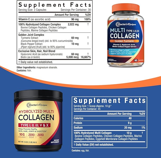 Doctor's Recipes Multi Collagen Peptides Powder 16oz and Multi Collagen Capsules 90 Caps