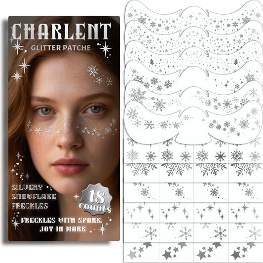 Glitter Snowflake Freckles Face Tattoos - 18 Sheets Waterproof Silver Temporary Makeup Patches for Women Kids Christmas Makeup Accessories
