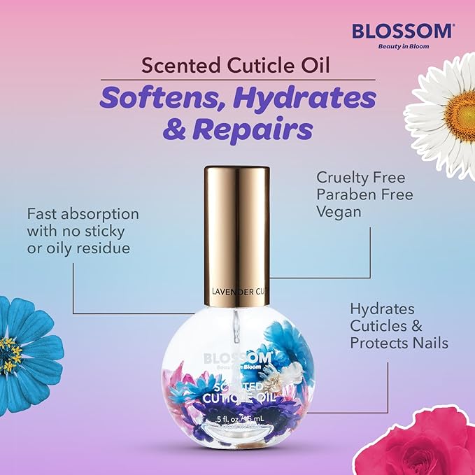 Blossom Hydrating, Moisturizing, Strengthening, Scented Cuticle Oil 0.5oz + See No Evil Rollerball Cuticle Oil 0.19oz, 2 Pack Bundle, Lavender