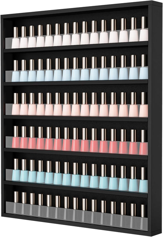 OmySalon 6 Layers/ 10 Layers Nail Polish Rack, Wall Mount Nail Polish Organizer w/Acrylic Baffle, Salon Display Rack for Home Spa & Nail Studio (Black, 6-Tier (Fully Assembled))