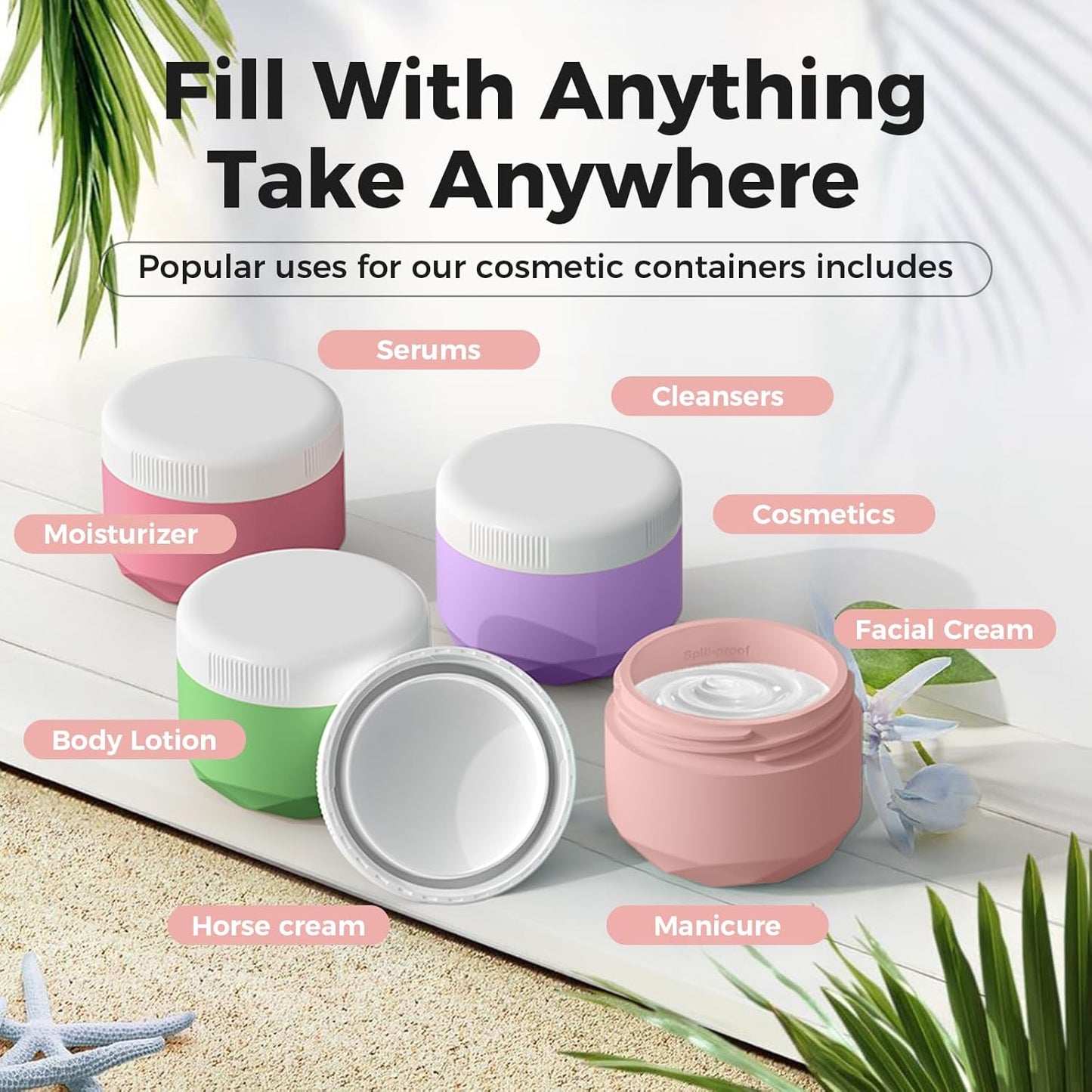 Travel Containers for Toiletries, 4-Pack TSA Approved Silicone Jars (2.5oz) - BPA Free Leakproof Cosmetic Containers for Creams, Lotion, Skincare & Makeup with Bonus Waterproof Bag