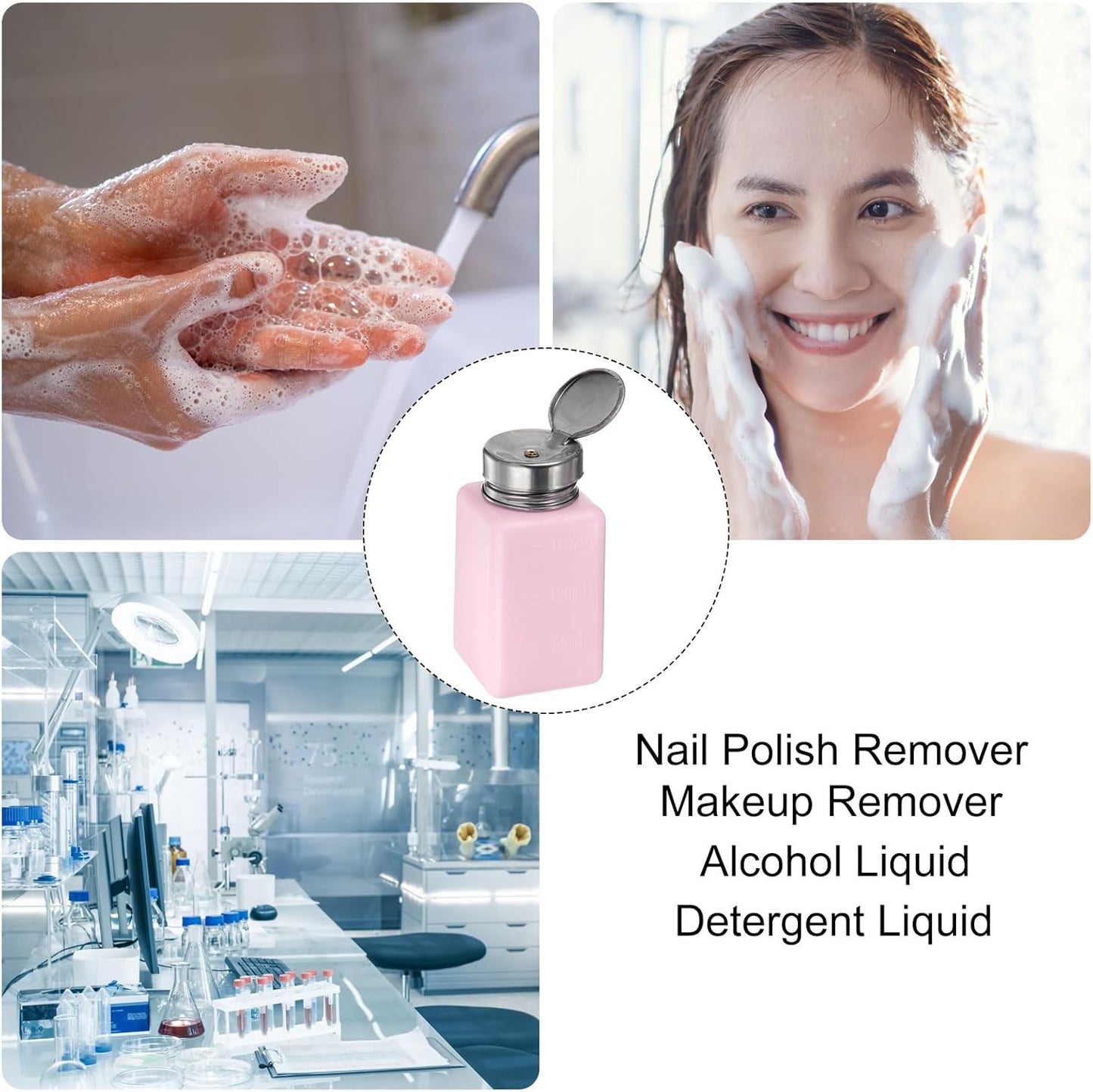 HARFINGTON 4PCS 180ML(6oz) Push Down Alcohol Dispenser Pump Liquid Press Empty Bottles Refillable Container for Acetone Cleanser Nail Polish Remover, Pink