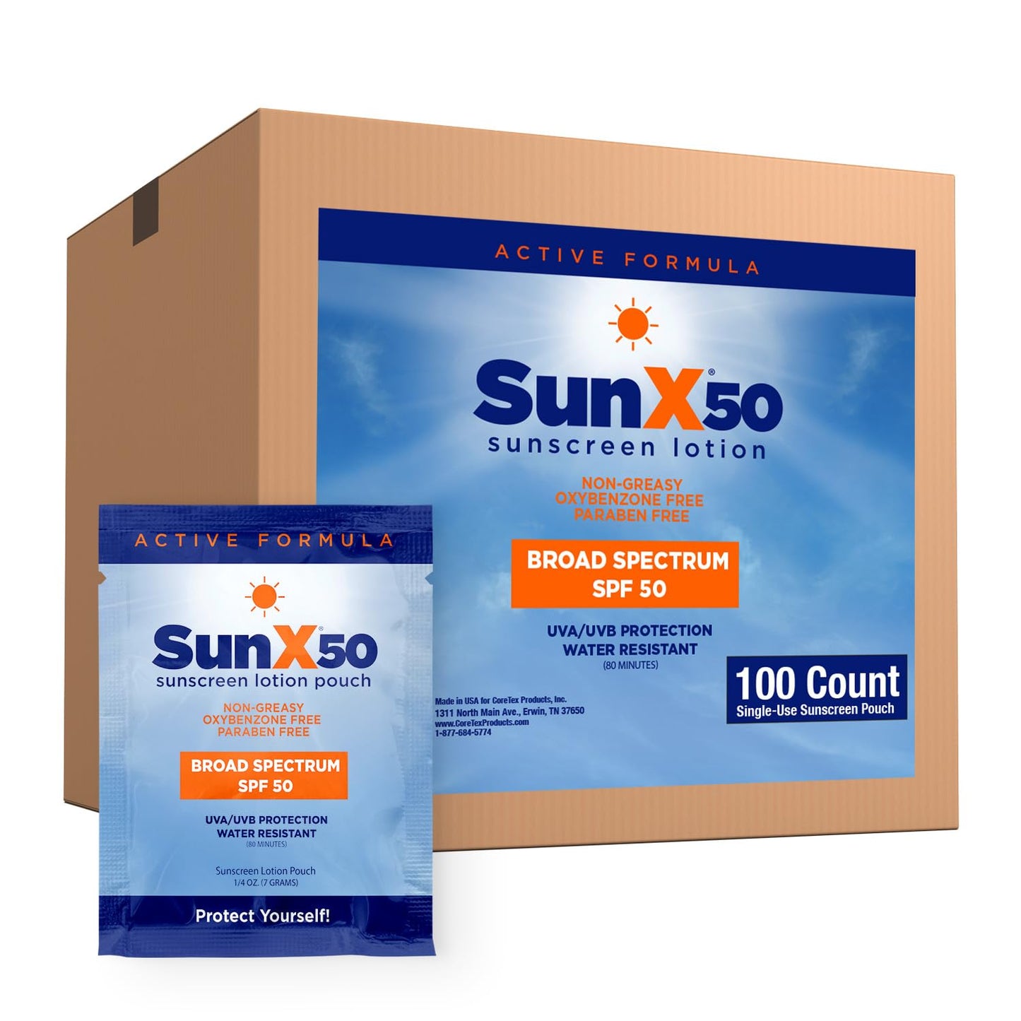 CoreTex Sun X 50 SPF Broad Spectrum Sunscreen Packets - Bulk Pack of 100 Paraben, Oxybenzone, Octinoxate, & Oil Free Sunscreen - No White Cast and Water & Sweat Resistant Up to 80 Minutes