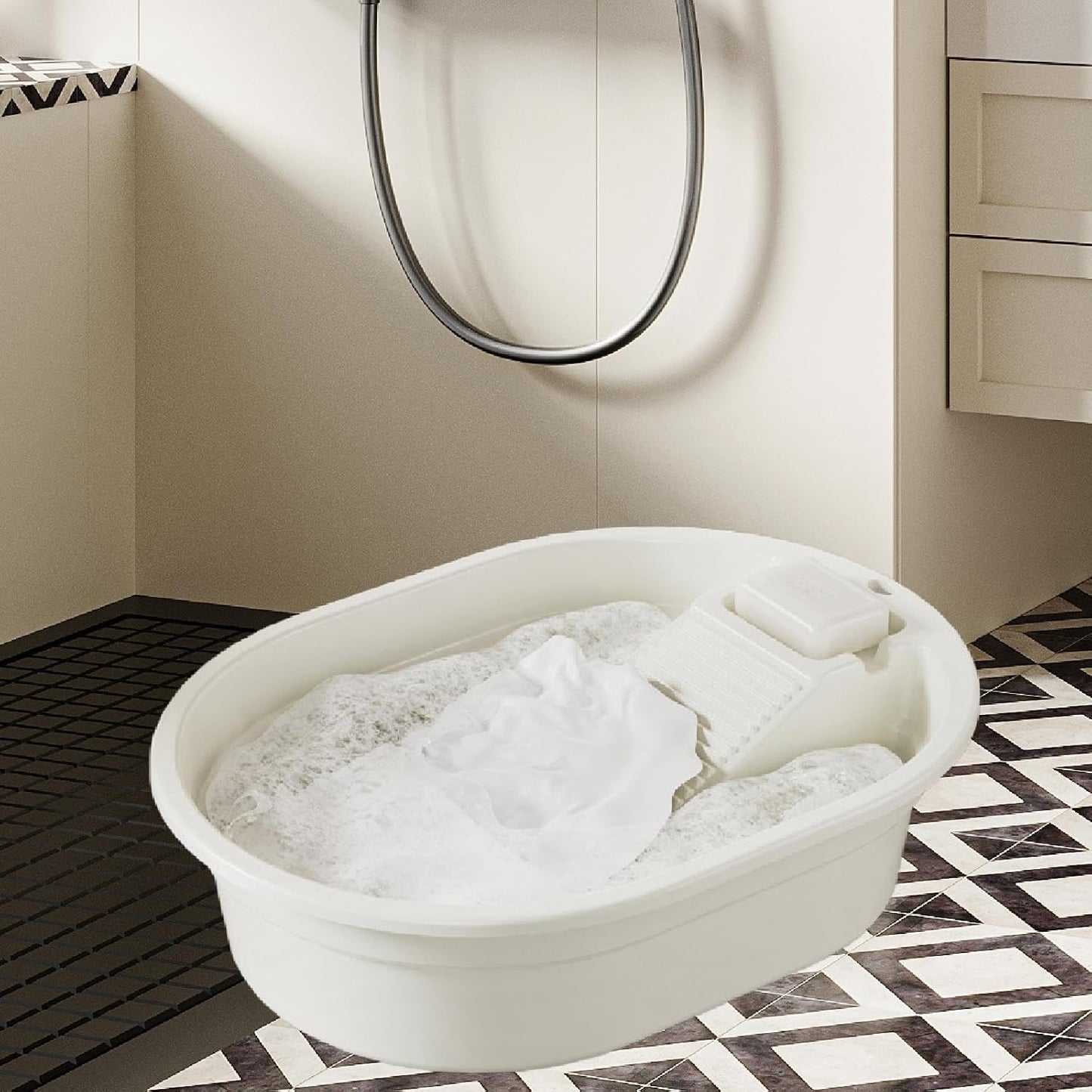 Washboard Basin Laundry Basin Convenient Multifunction Portable Wash Tub Scrubbing Board for Dormitory Hand Wash Home Clothes, White