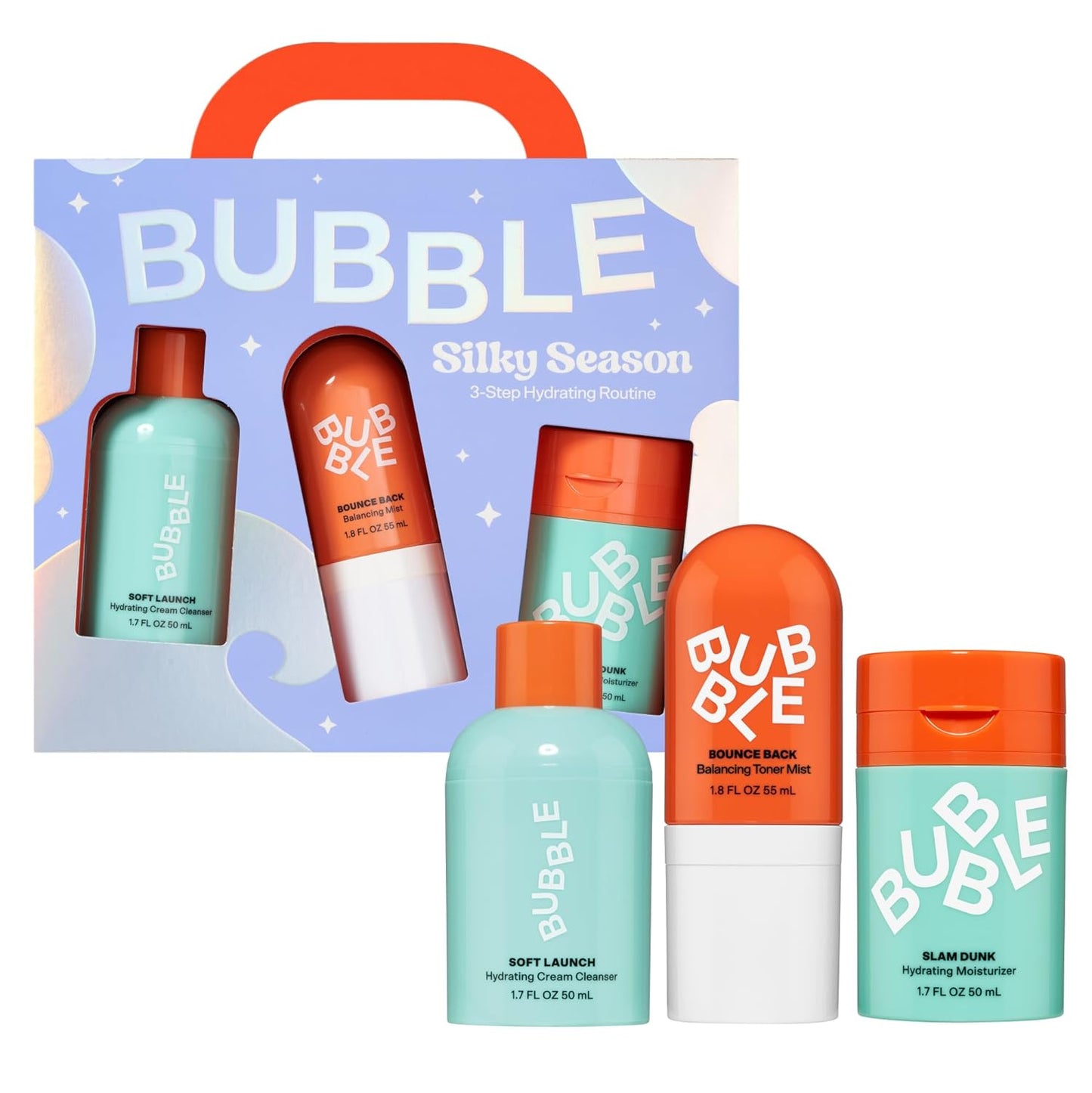 Bubble Skincare Silky Season 3-Step Hydrating Skin Care Set - Travel Size Skincare for Dry Skin - Soft Launch Cream Cleanser, Bounce Back Hydrating Toner Spray & Slam Dunk Moisturizer (3 Count)