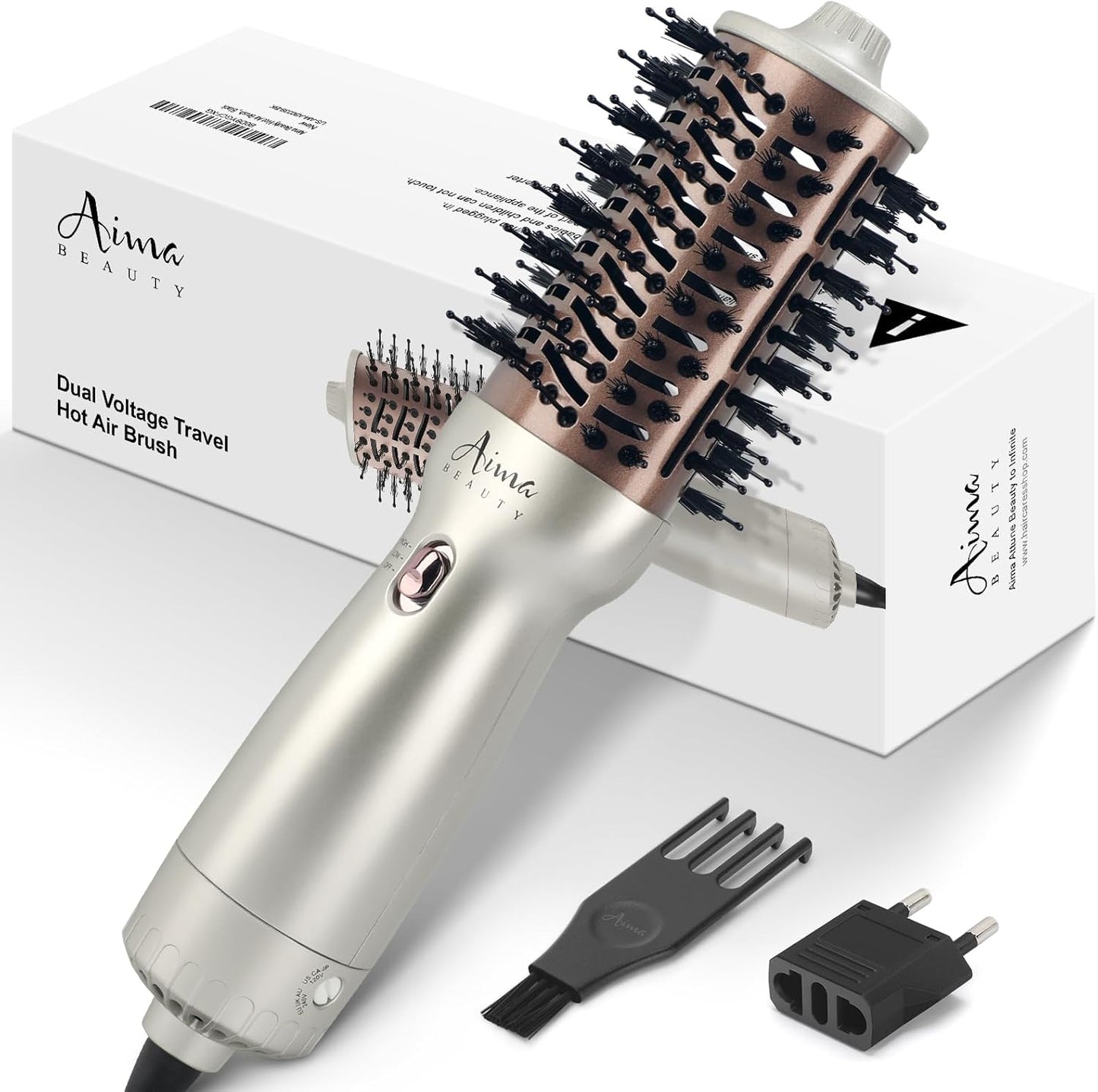 Aima Beauty 4 in 1 Worldwide Travel Hot Air Brush Dual Voltage Blowout Brush Oval Shape 110V-120V/220V-240V Straightener Blow Dryer Brush Ionic Lock Moisture Gift 360° Swivel Cord Champagne Silver