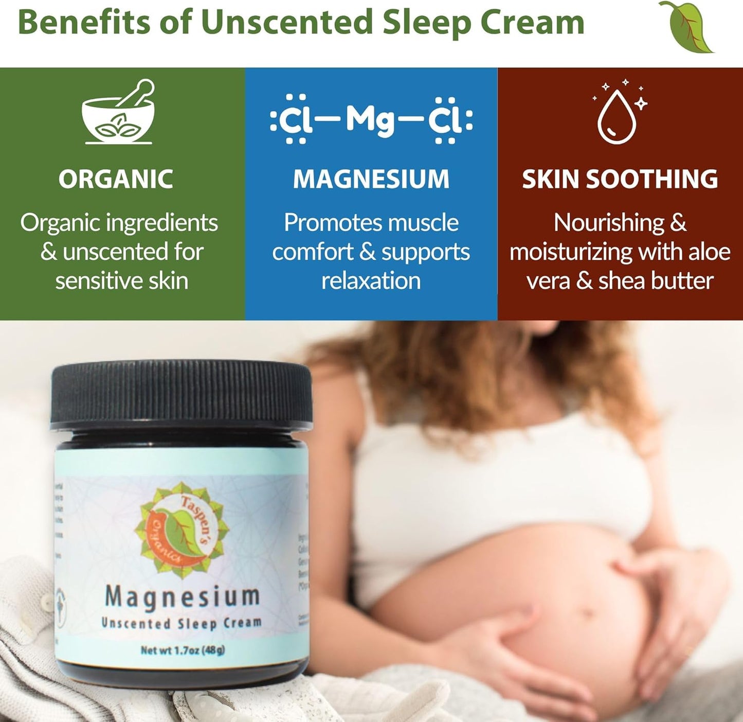 Taspen's Organics Magnesium Unscented Sleep Cream | Natural Nighttime Topical Magnesium for Babies, Toddlers, Kids & Pregnancy | Promotes Relaxation, Deep Sleep & Soothes Muscles (9 oz)