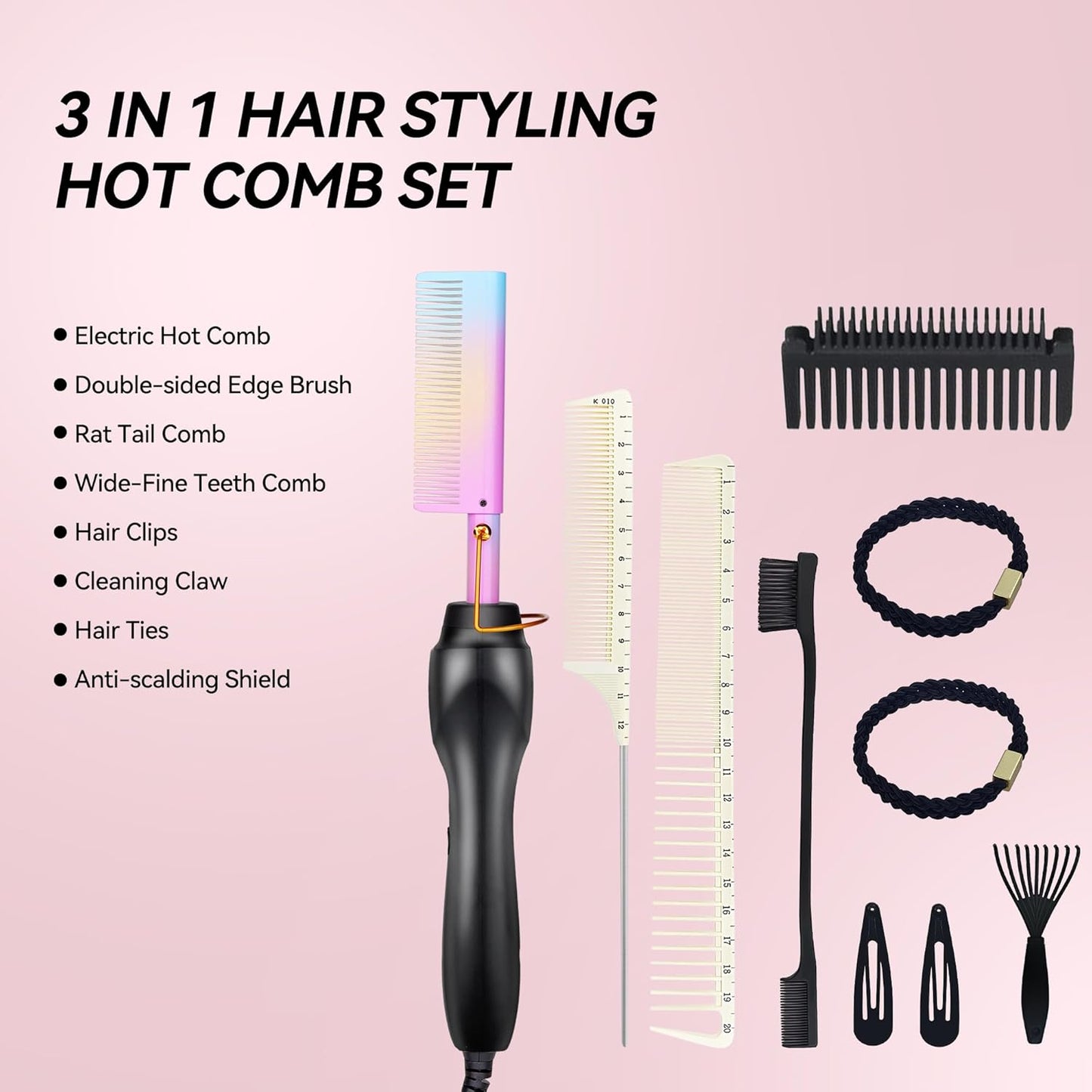 Electric Hot Comb Hair Straightener Heat Pressing Comb Curling Flat Iron Curler Hair Straightener Brush for Natural Black,Anti-Scald Beard Straightening Electric Press Comb (Multicolored)