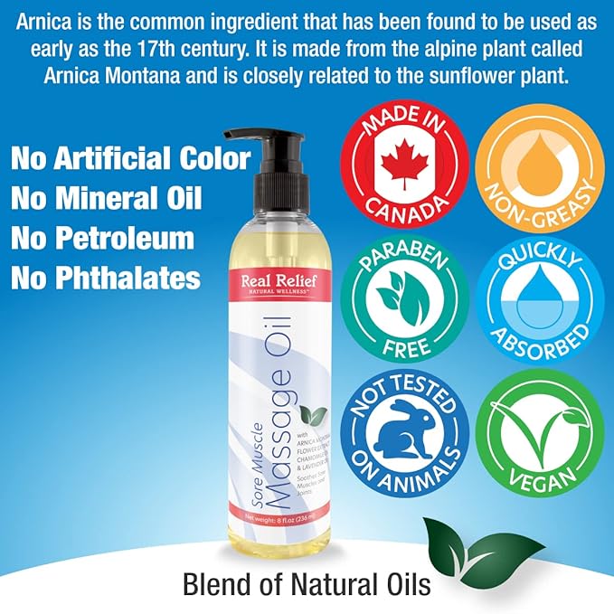 Arnica Montana Massage Oil with Chamomile & Lavender Essential Oil, Soothe Sore Muscles, Joints & Body, Relaxing Massage Therapy Oil for Personal or Professional use, 8 fl. Oz.