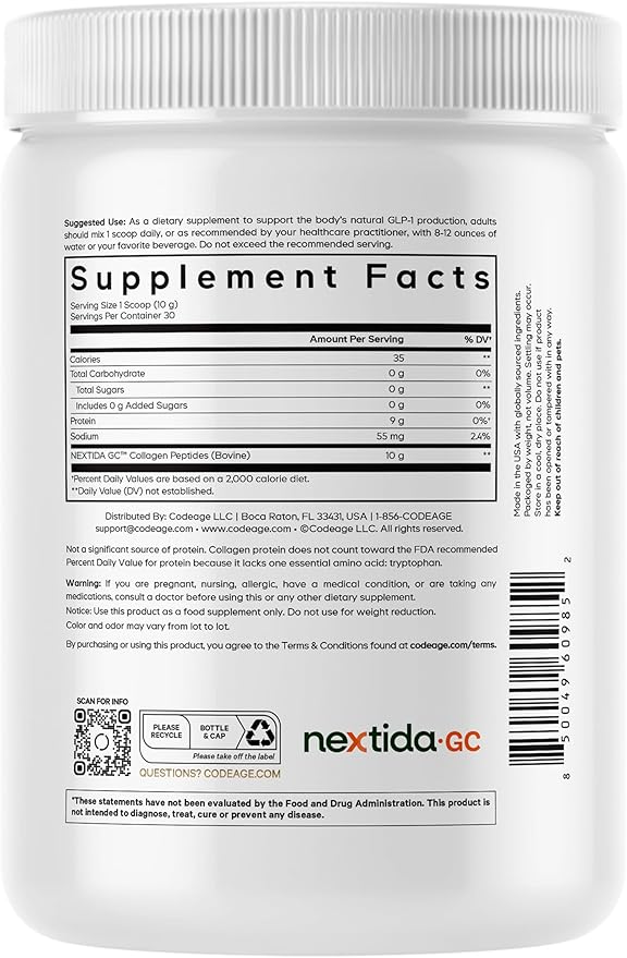 Codeage GLP-1 Collagen Powder Supplement - Nextida GC Collagen Peptides - GLP 1 Support - Hydrolyzed, Grass-Fed, Type I & III, Unflavored - Non-GMO, Gluten-Free, Dairy-Free - 10.58 Oz