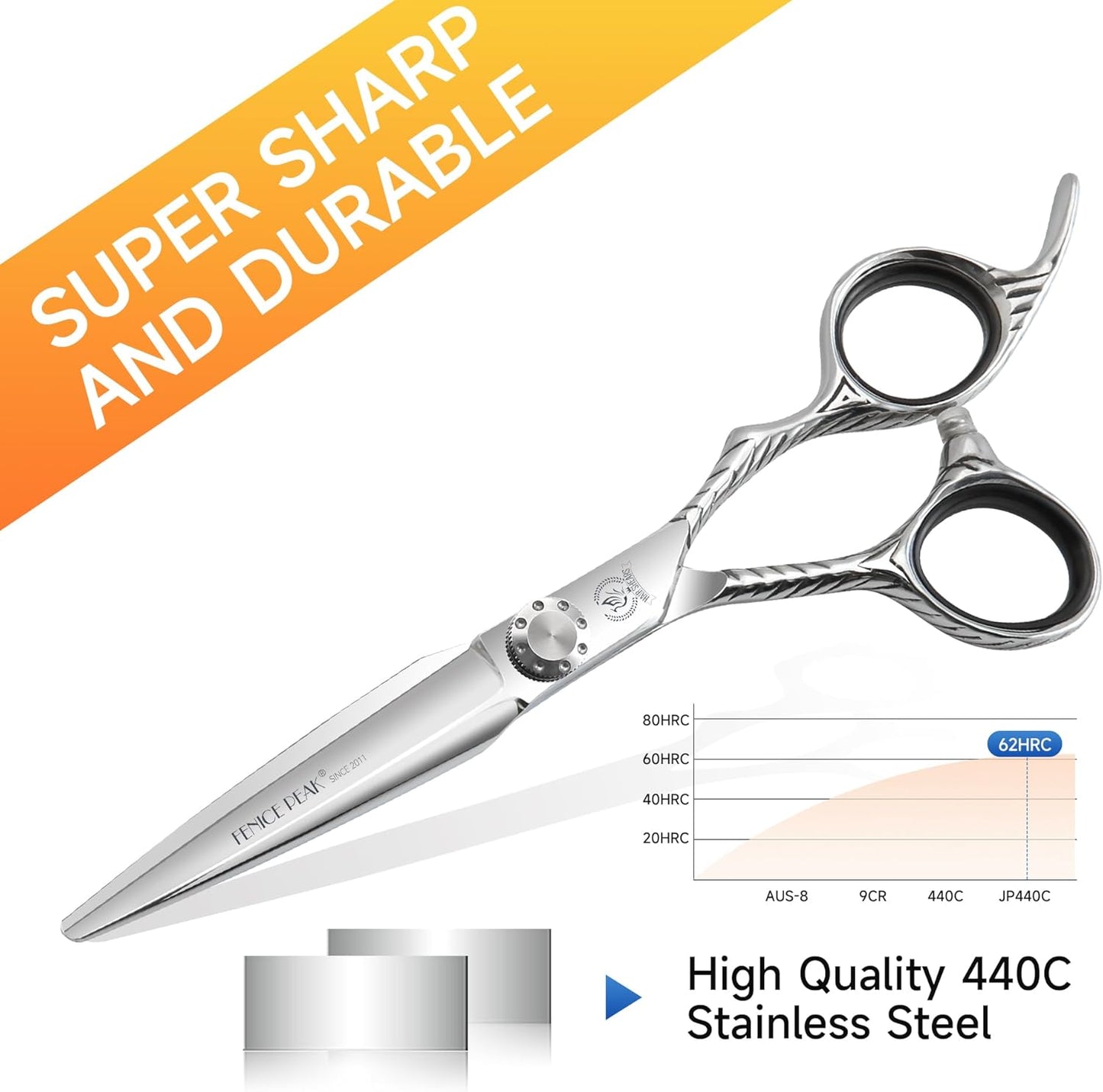 Fenice Peak Straight Hair Cutting Scissors 5.5'' Barber Haircut Shears with Sharp Razor Edge 440C Hair Scissors with Engraving Handle for Salon and Home User