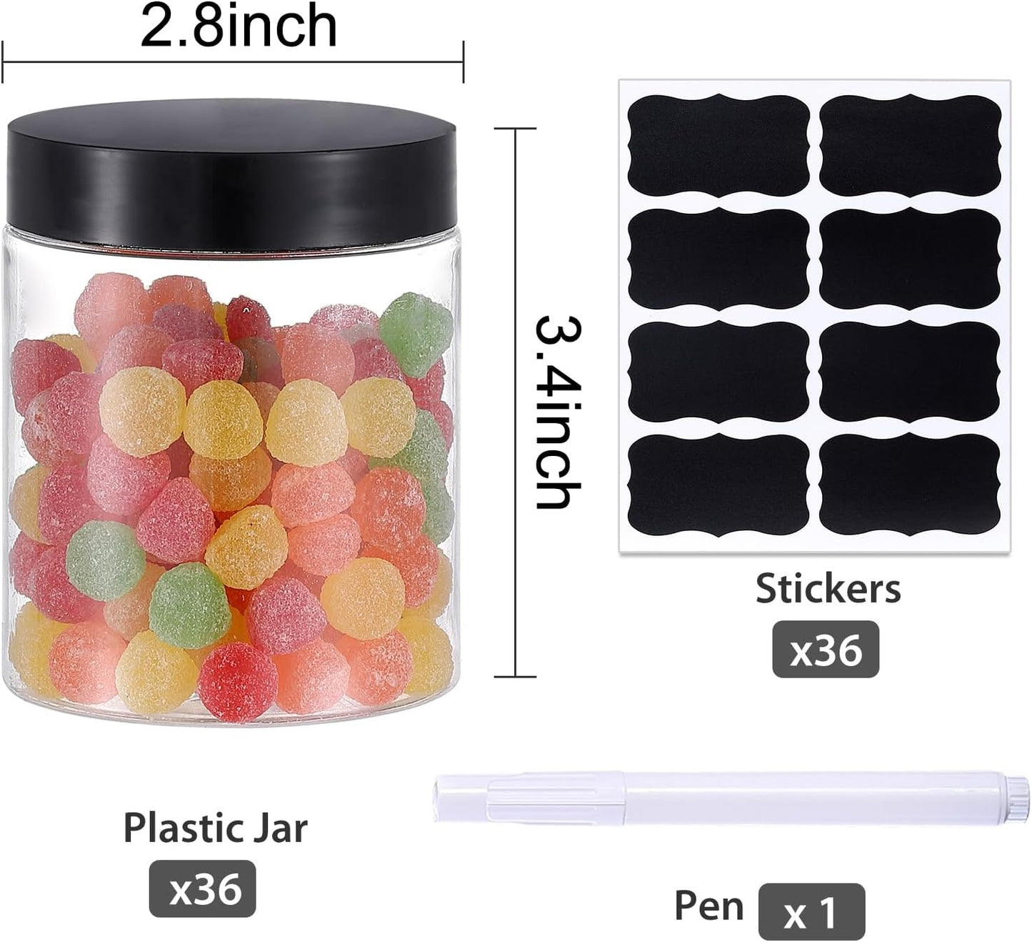 36PCS 8OZ Plastic Jars with Screw On Lids,Labels Refillable Empty Round Slime Containers for Storing Dry Food, Honey Jam, Cream, Butter, Lotion (Black)