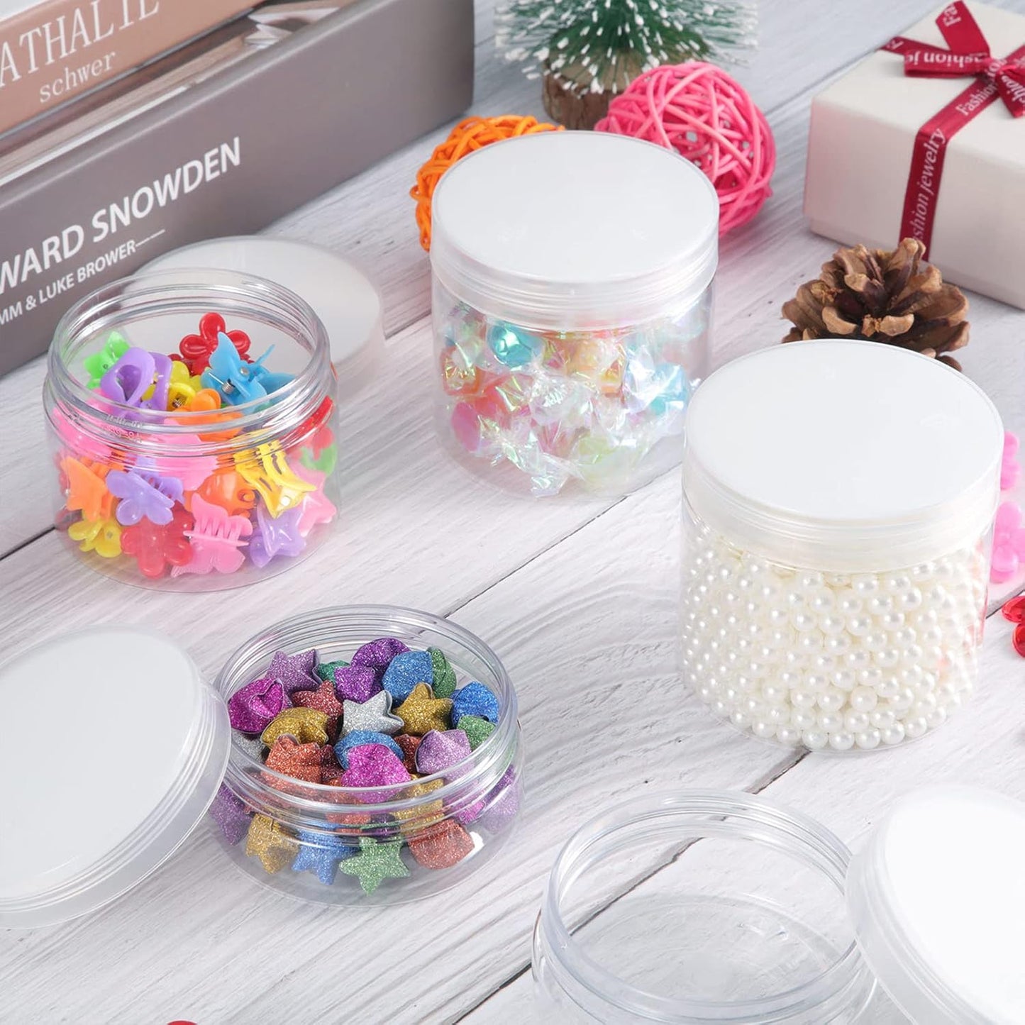 SATINIOR 12 Pack 2 oz Plastic Container Jars with Lids Round Clear Travel Cosmetic Container Slime Jars for Toiletries, Lotion, Cream, Ointments, Makeup, Rhinestone, Samples, Kitchen Storage(Clear)