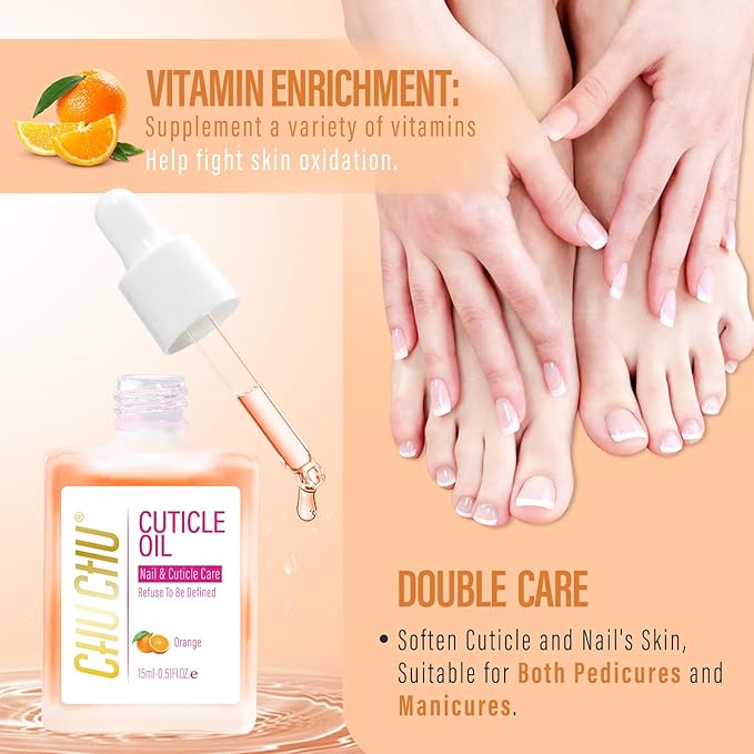 CHUCHU Organic Cuticle Oil for Nails: Orange Jojoba Nail Oil with Vitamin B & E - Moisturizes Repairs and Promotes Nail Growth - Prevents Dryness Hangnails and Chapped Skin 15ML