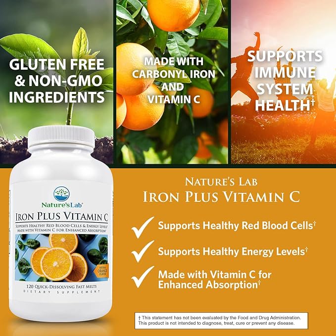 Nature's Lab Iron Plus Vitamin C Fast Melt Tablets - Gentle on the Stomach Carbonyl Iron, High Absorption for Healthy Red Blood Cells* - 120 Tablets