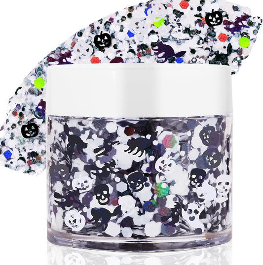 Halloween Body Glitter Gel,Black White Skull Pumpkin Professional Vibrant Music Festival Party Rave Accessories,Sparking Chunky Face Glitter Paint Makeup for Women and Kids