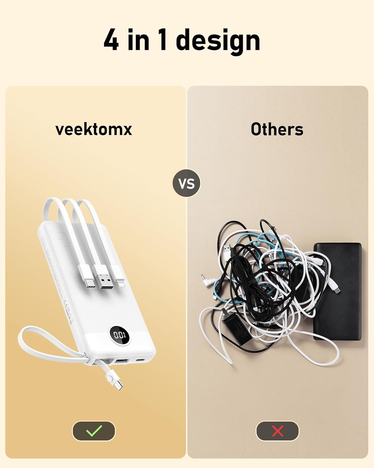 VEEKTOMX Portable Charger Built-in Cables, 10000mAh Power Bank for iPhone, Fast Charge USB C Battery Pack Travel Essentials Powerbank Compatible with iPhone 17/16/15/14, Samsung S25/24, Android, etc