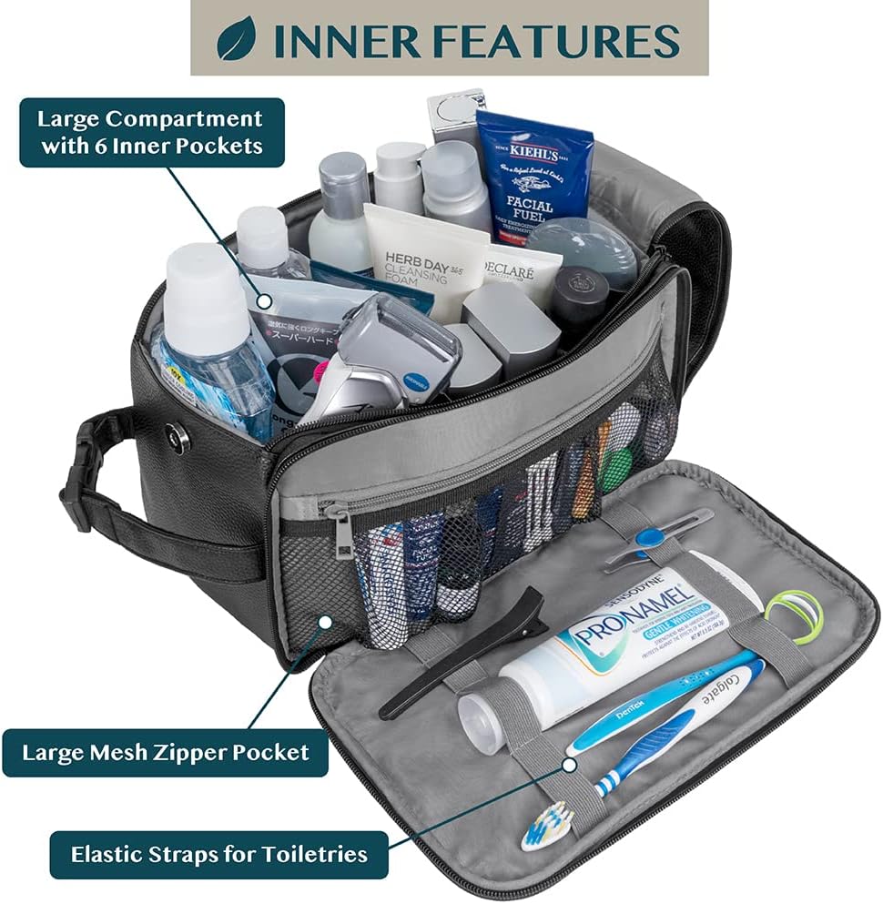 PAVILIA Toiletry Bag for Men, Travel Essentials Shaving Dopp Kit, Mens Travel Bag Toiletries Organizer Case for Grooming, PU Leather Water Resistant Cosmetic Bag Pouch (XL, Black)