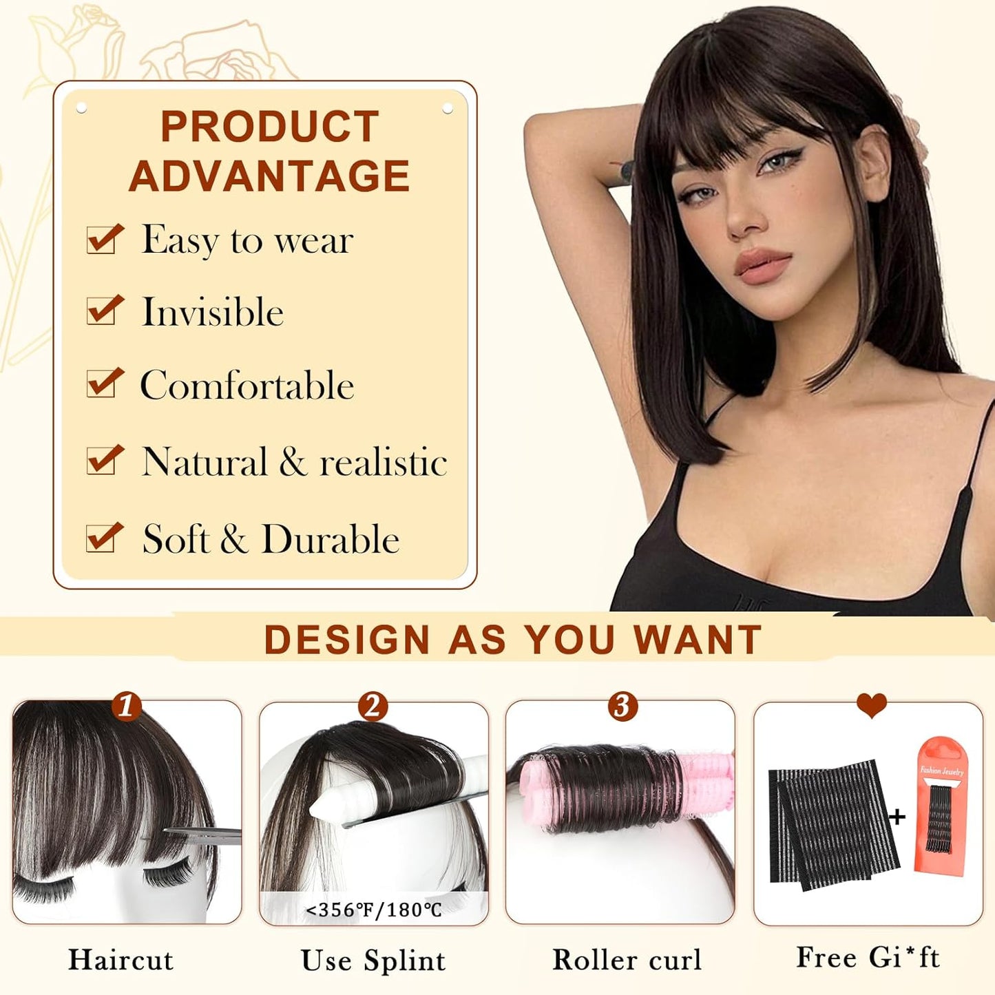 Bangs Hair Clip in Bangs, Fake Bangs Natrual Clip on Bangs Dark Brown,Faux Bangs Easy Clip in Hair Extenisons,French Bangs Fringe with Temples Hairpieces Curved Bangs for Daily Wear