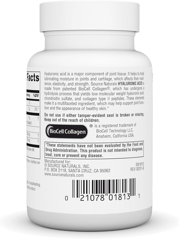Source Naturals Hyaluronic Acid, Promotes Healthy Joints and Skin* 100mg - 30 Tablets