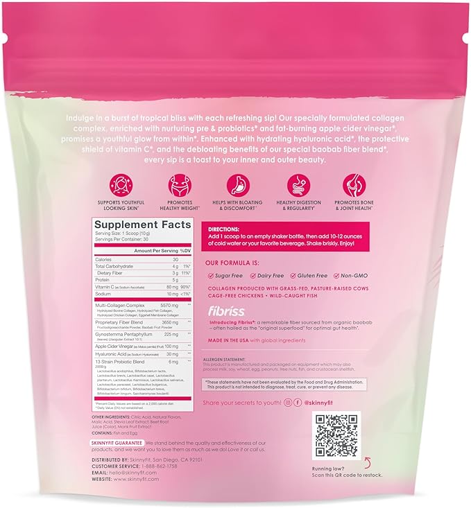 SkinnyFit Super Youth Strawberry Watermelon Multi-Collagen Peptides + Probiotics, Baobab Fiber, Apple Cider Vinegar, Hyaluronic Acid, & Vitamin C, Skin, Hair, Joint & Metabolism Support, 30 Servings