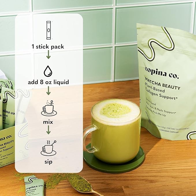 Matcha Beauty Vegan Collagen Booster Drink Blend: Plant Based Collagen Support Smoothie Drink Vegan Blend Variety Pack | Matcha Flavor | 10 Individual Stick Packs per Carton