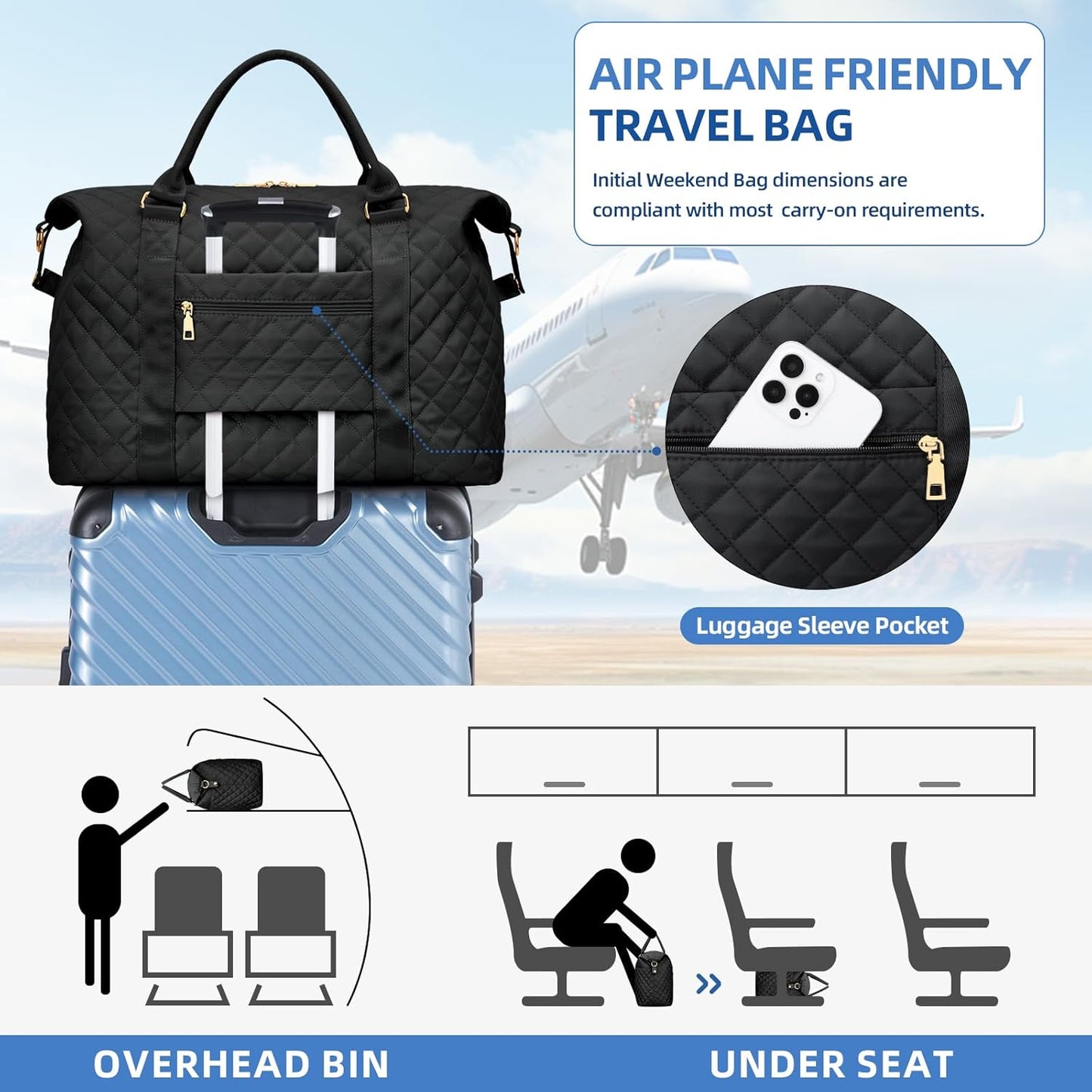 Gifts for Teen Girl, Initial Travel Duffle Bag, Personalized Women Weekender Overnight Bags, Gift for Daughter Kid Girl Wife Friend（Black,B)