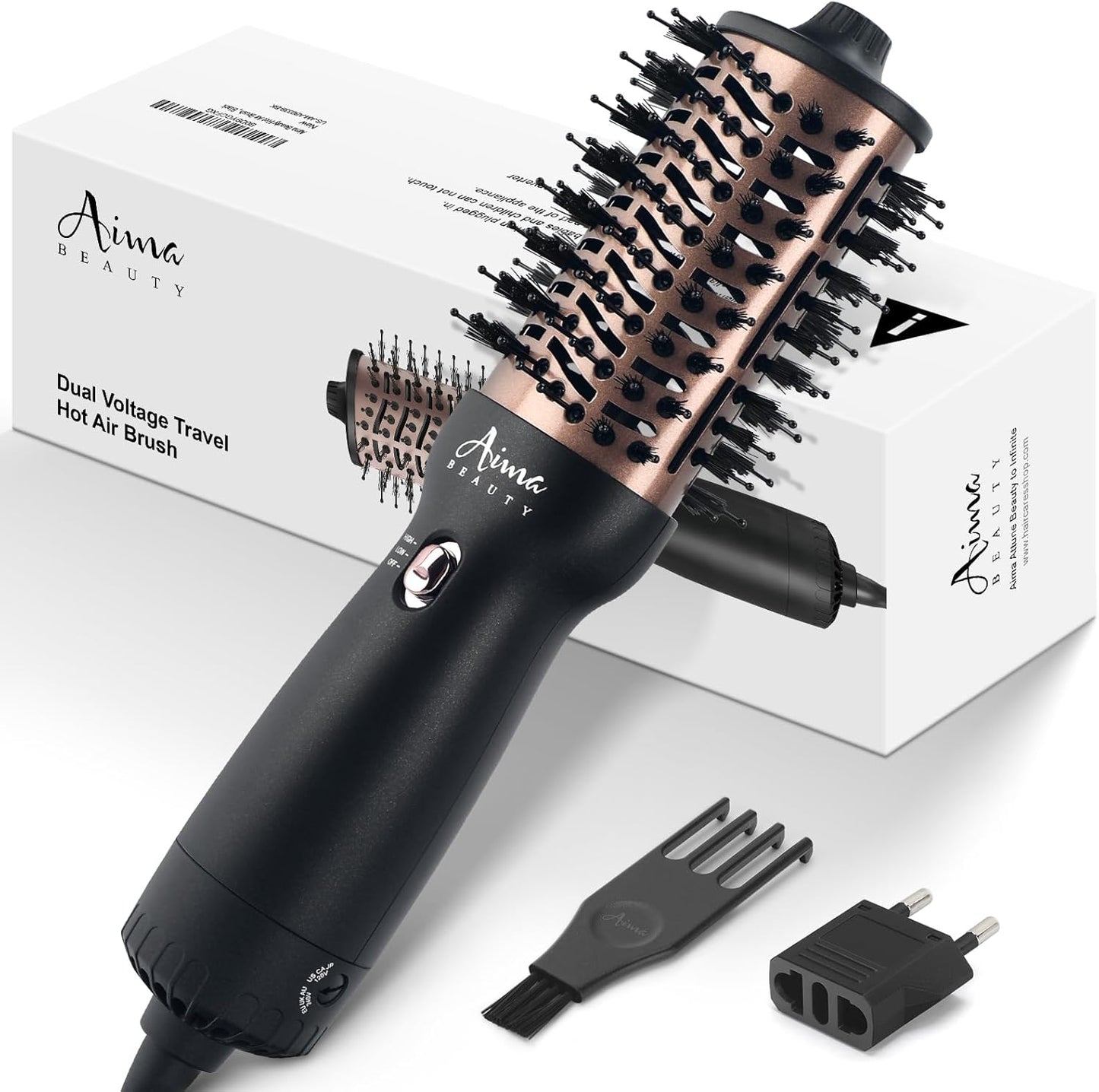 Aima Beauty 4 in 1 Worldwide Travel Hot Air Brush Dual Voltage Blowout Brush Oval Shape 110-120V/220-240V Straightener Blow Dryer Brush Negative Ionic Lock Moisture Gift 360° Swivel Cord Black