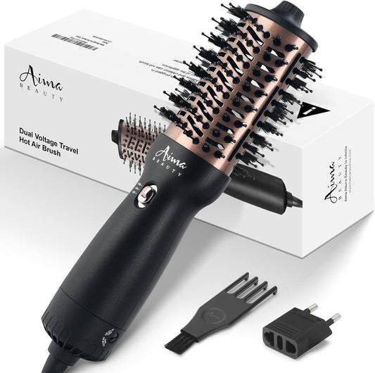 Aima Beauty 4 in 1 Worldwide Travel Hot Air Brush Dual Voltage Blowout Brush Oval Shape 110-120V/220-240V Straightener Blow Dryer Brush Negative Ionic Lock Moisture Gift 360° Swivel Cord Black