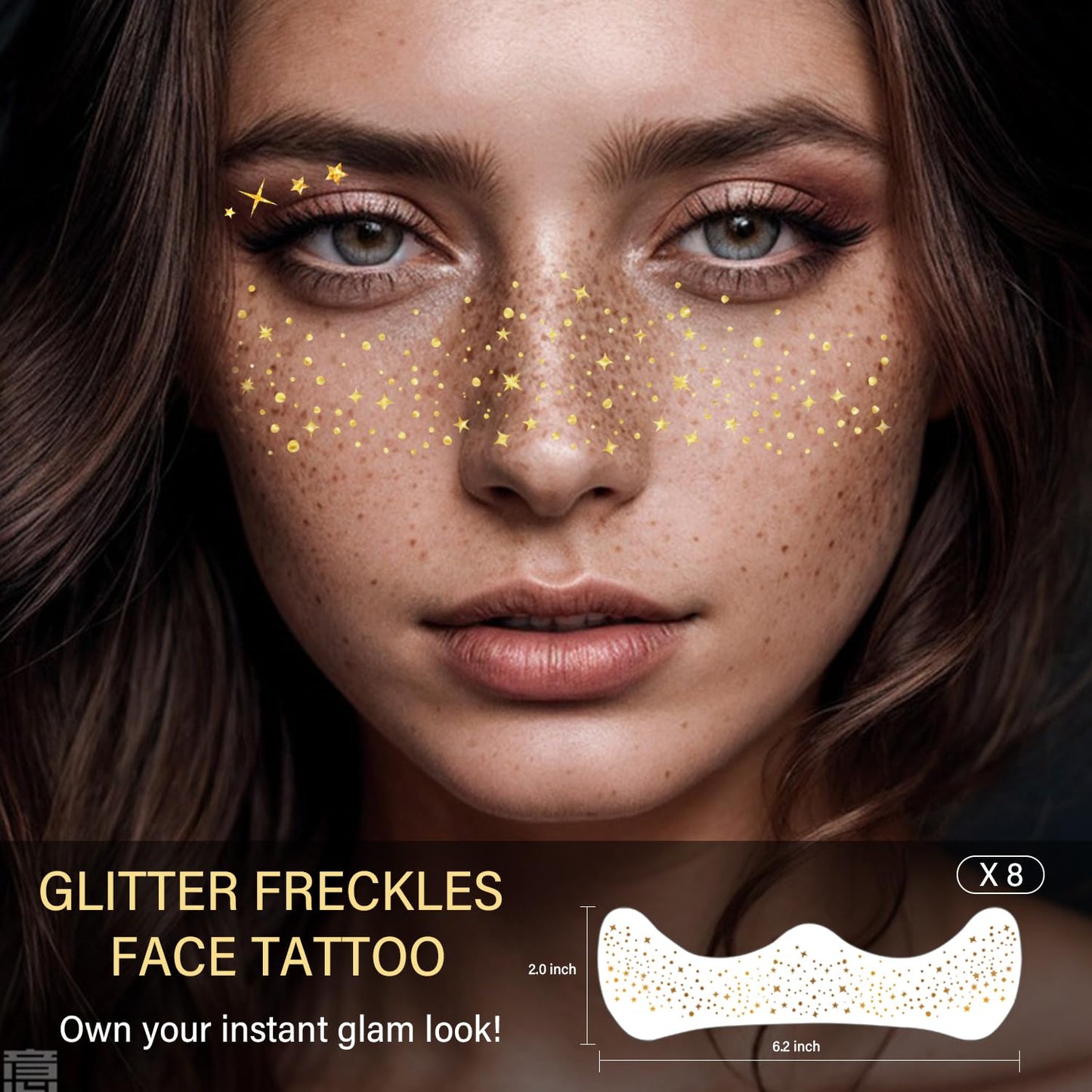 8 Pcs Gold Face Makeup Patches, Gold Glitter Freckles Face Tattoo, Glitter Freckles, Sparkle Makeup Patches, Waterproof Face Glitter Speckles Patches for Women