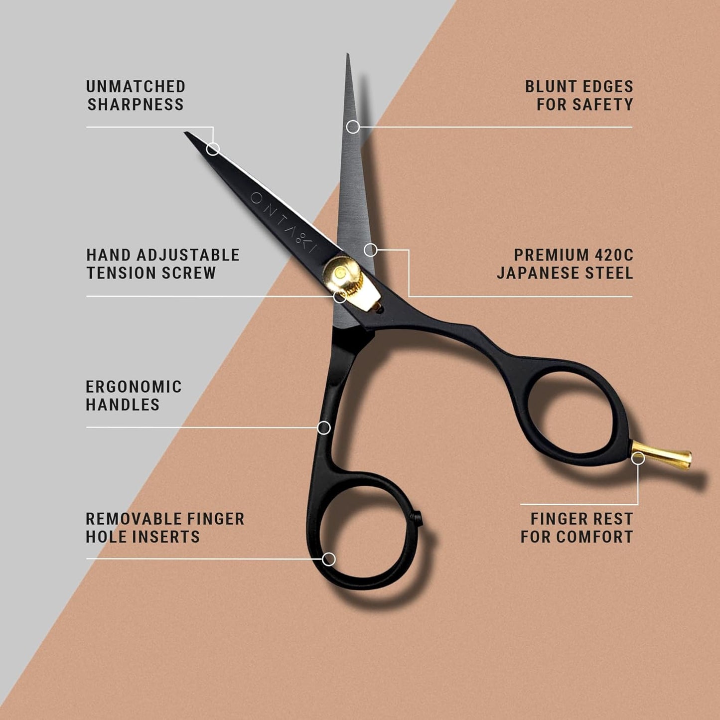 Ontaki Japanese Steel Beard Scissors for Men - 5.5" Ergonomic Black, Right-Handed - Scissors & Comb Travel Set, Beard Grooming Kit with Mustache Comb & Carry Pouch, Blunt-Tip Facial Hair Shears