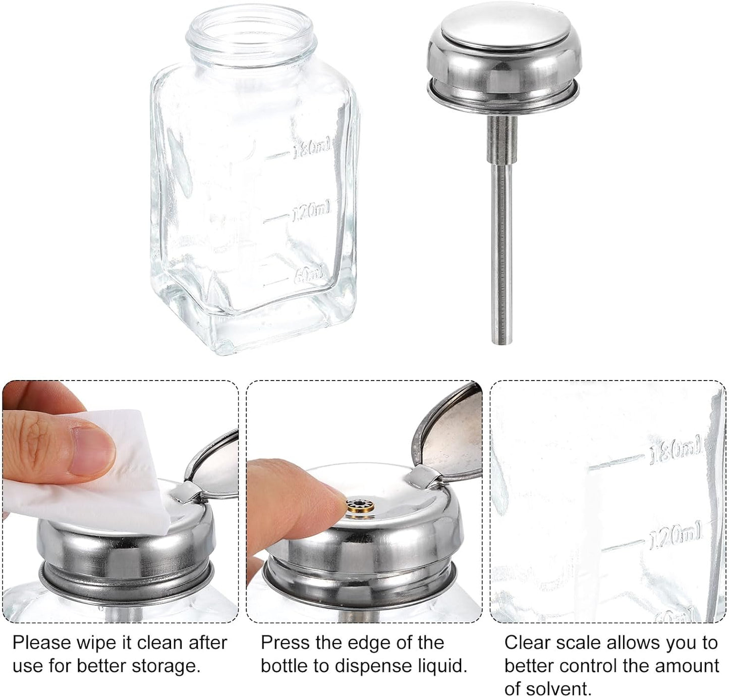 HARFINGTON 2pcs Solvent Alcohol Dispensers 180ml(6.1oz) Conical Push Down Liquid Dispenser Pump Bottle with Stainless Steel Tube and Copper Core for Acetone Polish Remover