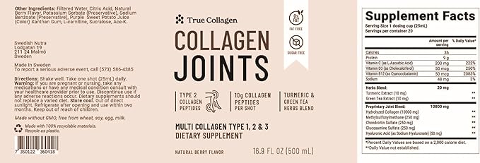 True Collagen Joints | 10,000 mg Hydrolyzed Collagen Liquid Supplement - 500 ml, 20 Day Supply | Glucosamine, MSM and Chondroitin to Support Joints | Fat-Free, Sugar-Free, 100% Natural Berry Flavor