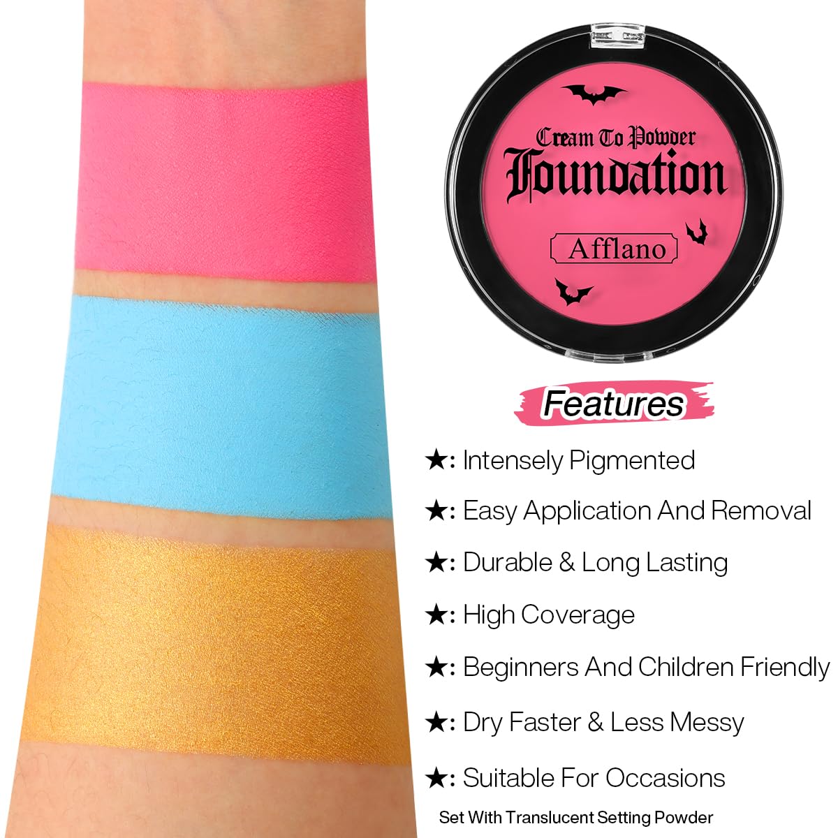 Pink Face Body Paint Cream to Powder Foundation Makeup, Pro Multi-Use Face Painting & Cream Blush for Pink Halloween FX Makeup, Non Toxic Washable Long Last Facepaint for Skull, Goth, Parties, Cosplay