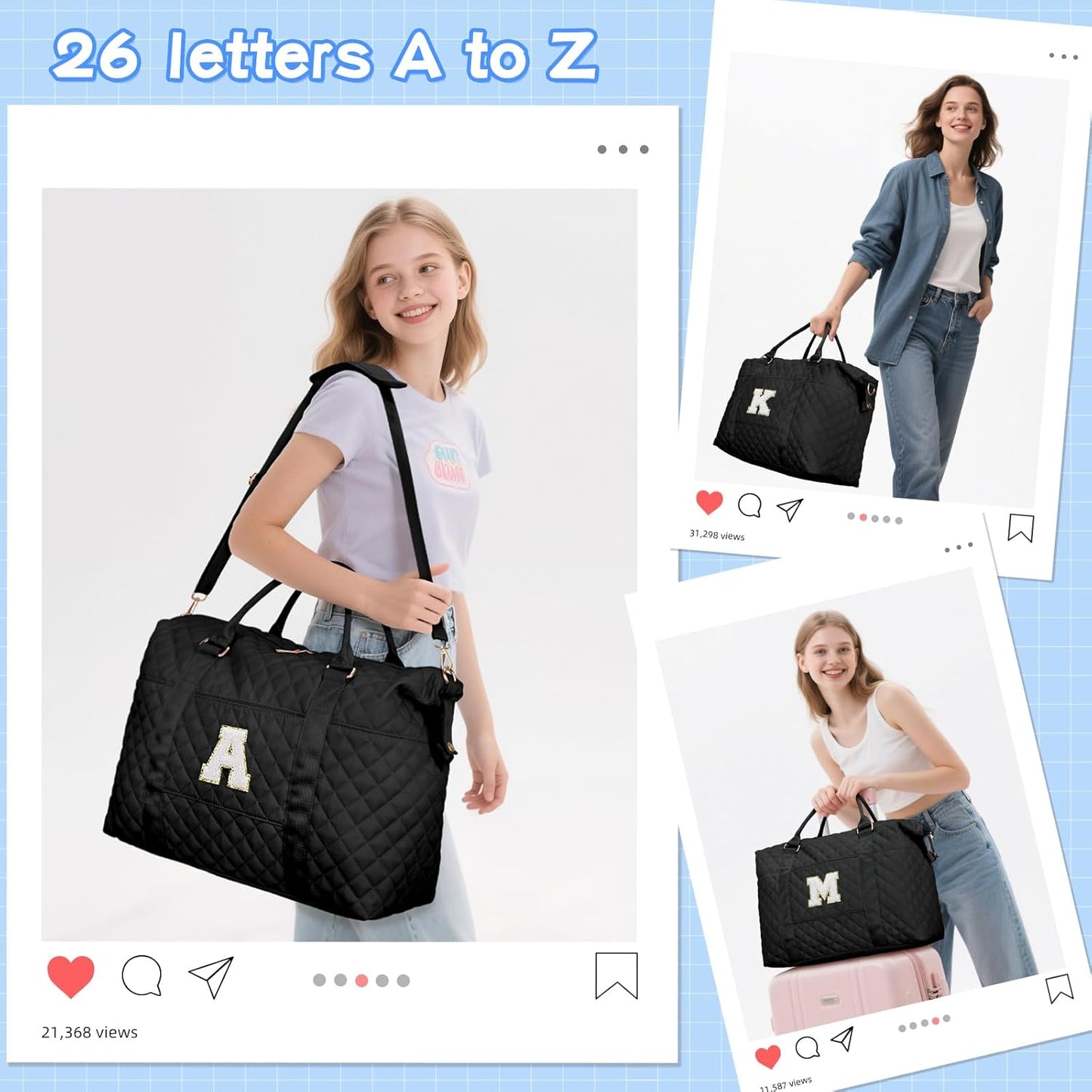 Gifts for Teen Girl, Initial Travel Duffle Bag, Personalized Women Weekender Overnight Bags, Gift for Daughter Kid Girl Wife Friend（Black,R)