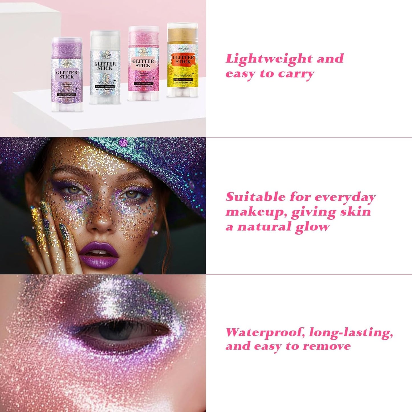 Body Glitter Stick, Purple Glitter Wax Stick for Hair and Body, Long-Lasting Sparkle - Safe & Sweatproof for Women Face/Body/Hair Glitter Makeup