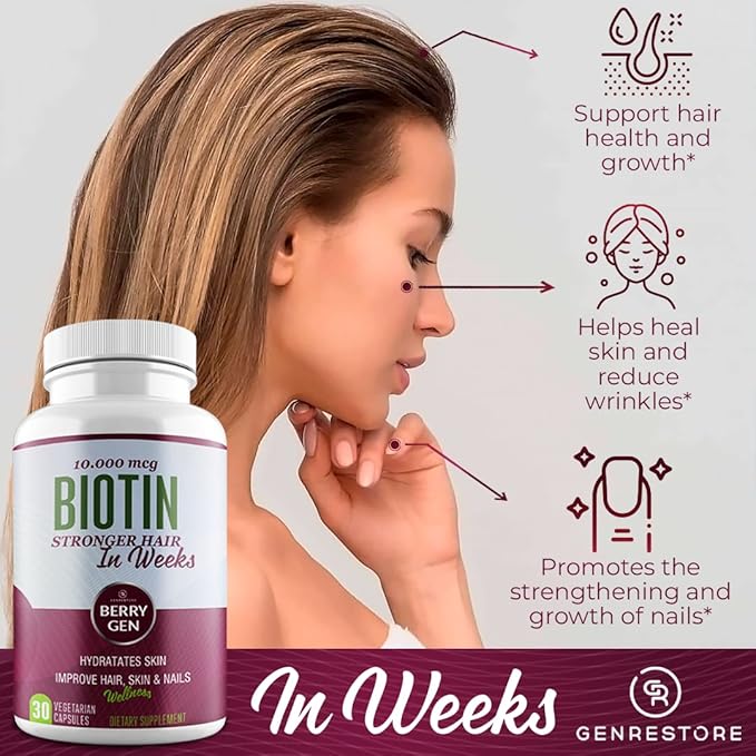 Berry Gen Biotin Supplement 10000 mcg Vegetarian Capsules - Support Hair Health & Growth, Help Heal Skin & Reduce Wrinkles and Moisturize Skin, Hair, and Nails - 30 Count (2)
