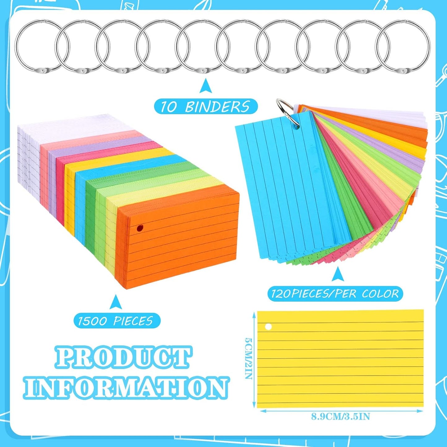 Patelai 1500 Pcs Index Cards Flash Cards with Rings 2 x 3.5 Inch Lined Notecards with 8 Pcs Metal Rings for Studying Learning Memory Office School Supplies(Mixed Color)