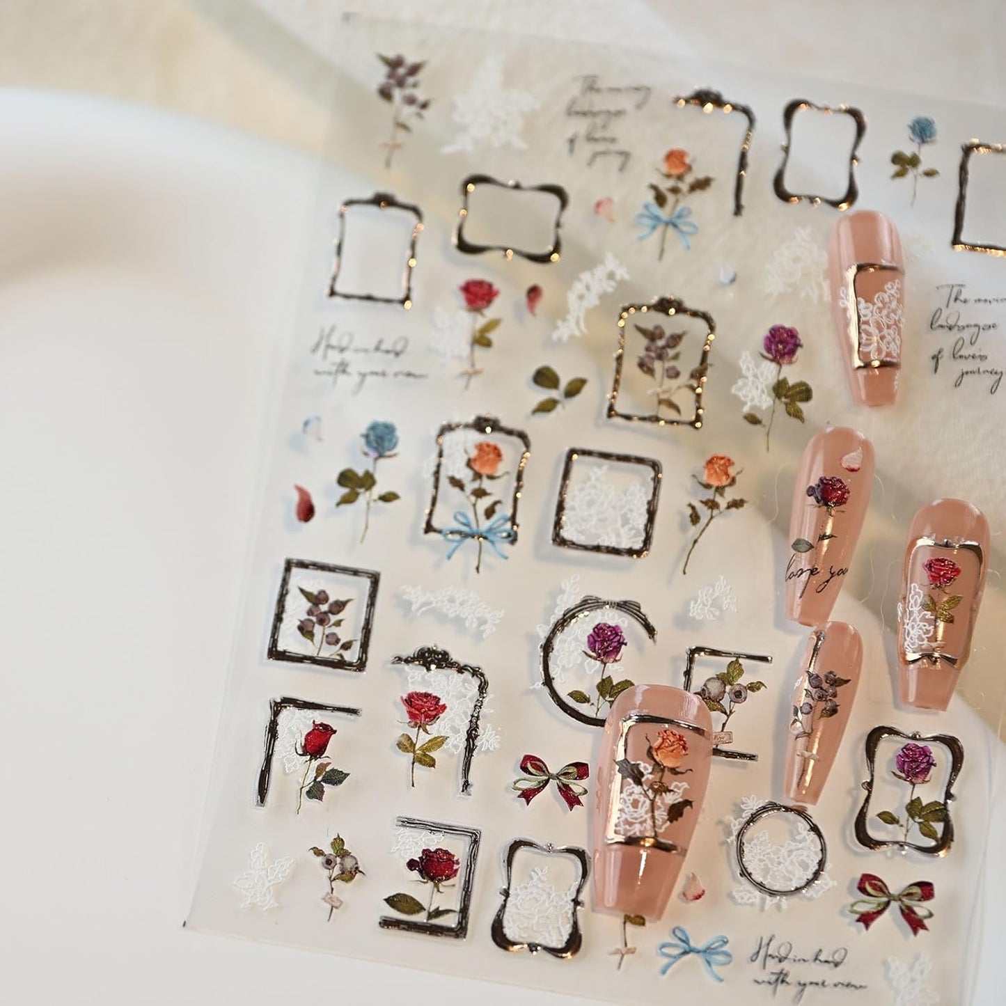 Golden Frame Rose Nail Stickers, Embossed Nail Decals,Vintage Floral for Nail Art Designs, Self-Adhesive Nail Accessories for Women