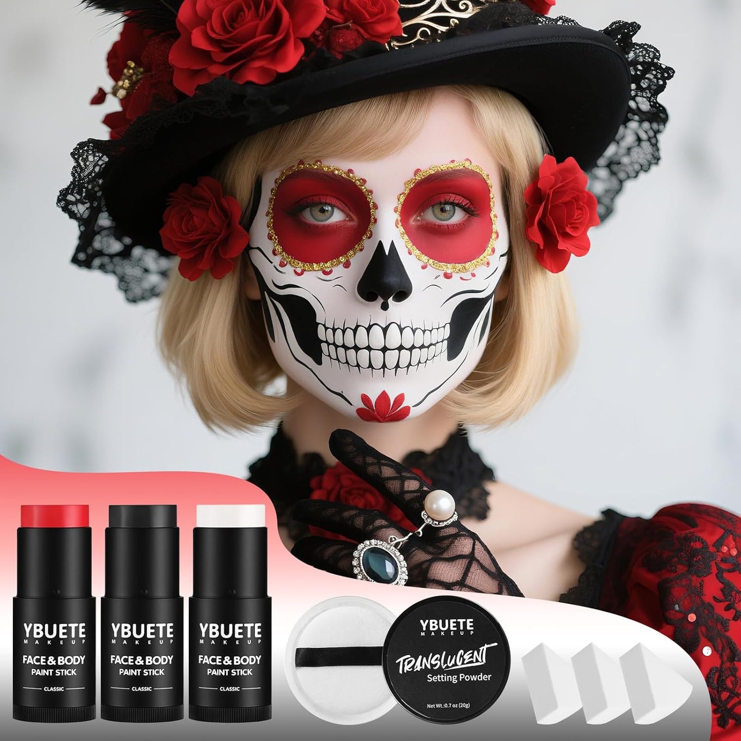 Black White Red Face Body Paint Stick Set with Translucent Setting Powder and Sponges, Professional Full Coverage Face Painting for Adults Halloween Cosplay SFX Spiderman Joker Devil Makeup