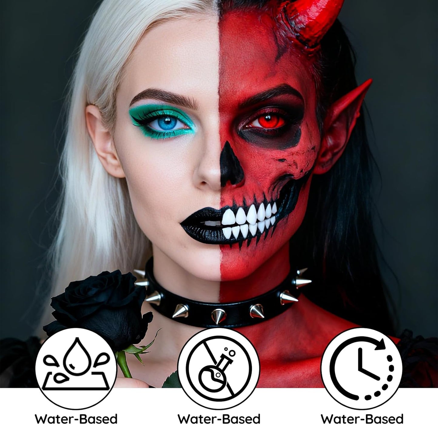 Black White Red Face Paint - Water-Based Non-Toxic Face Body Paint Kit for Demon and Spider-Inspired , Full Coverage Washable Formula for Halloween Cosplay, Costume Parties, Sports Events
