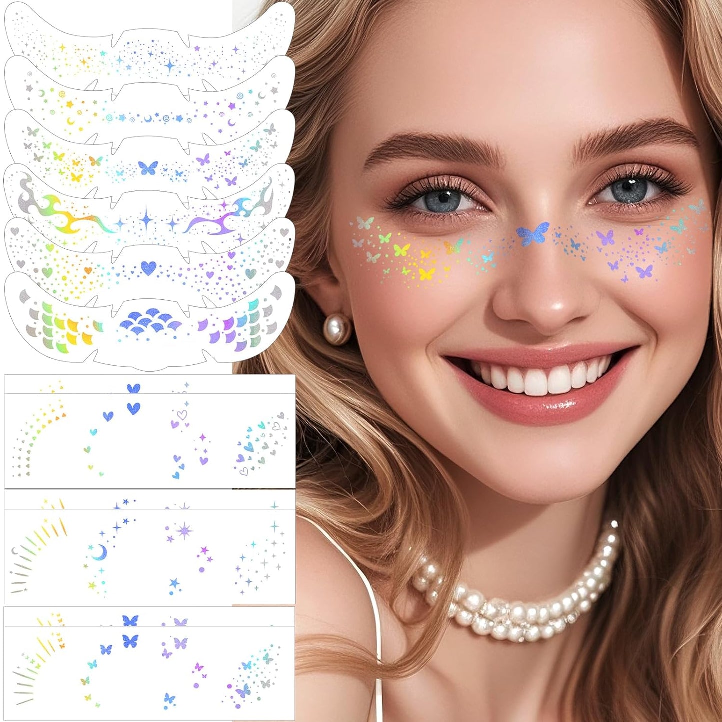 HyperFun 12Pcs Face Glitter Freckles, Face Glitter Fake Freckles Sticker, Holographic Multichrome Waterproof Sparkle Freckles Makeup Patches for Women Rave Festival Accessories Concerts Party Prom