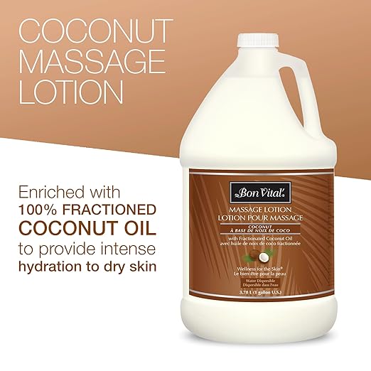 Bon Vital' Coconut Massage Lotion with 100% Pure Fractionated Coconut Oil, Lightweight Massage Lotion, Provides a Massage, Intense Skin Hydrating and Moisturizing, 1 Gal, Label may Vary