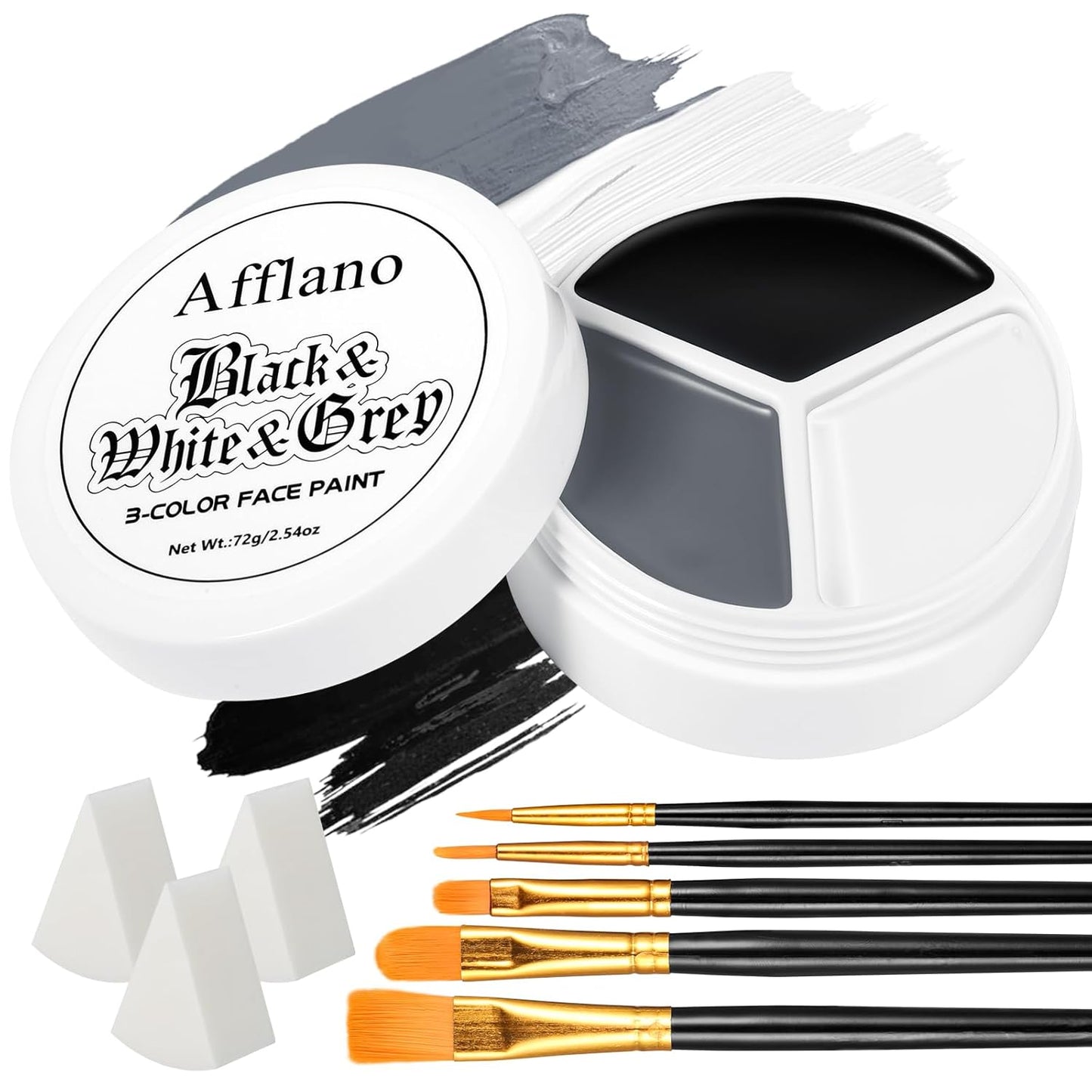 Black White Grey Face Body Paint, Halloween Ghost Skeleton Makeup Kit (3 Sponges + 5 Brushes), 9 Pcs Oil Based Full Coverage Smooth Face Painting Kit for Halloween SFX Clown Costume, Skull, Cosplay