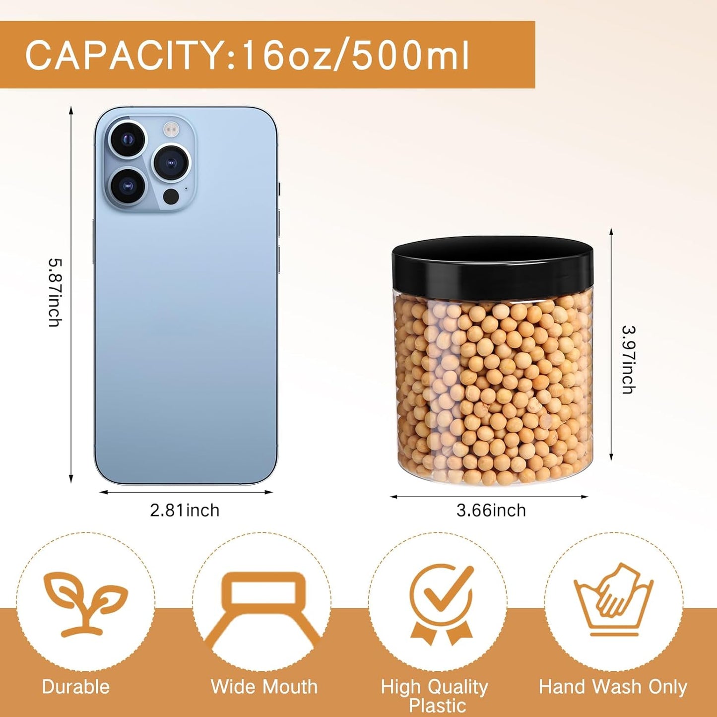 Patelai 4 Pieces Round Wide-mouth Leak Proof Plastic Container Jars with Lids for Travel Storage Makeup Beauty Products Face Creams Oils Salves Ointments DIY Making(16 Ounce,Black)